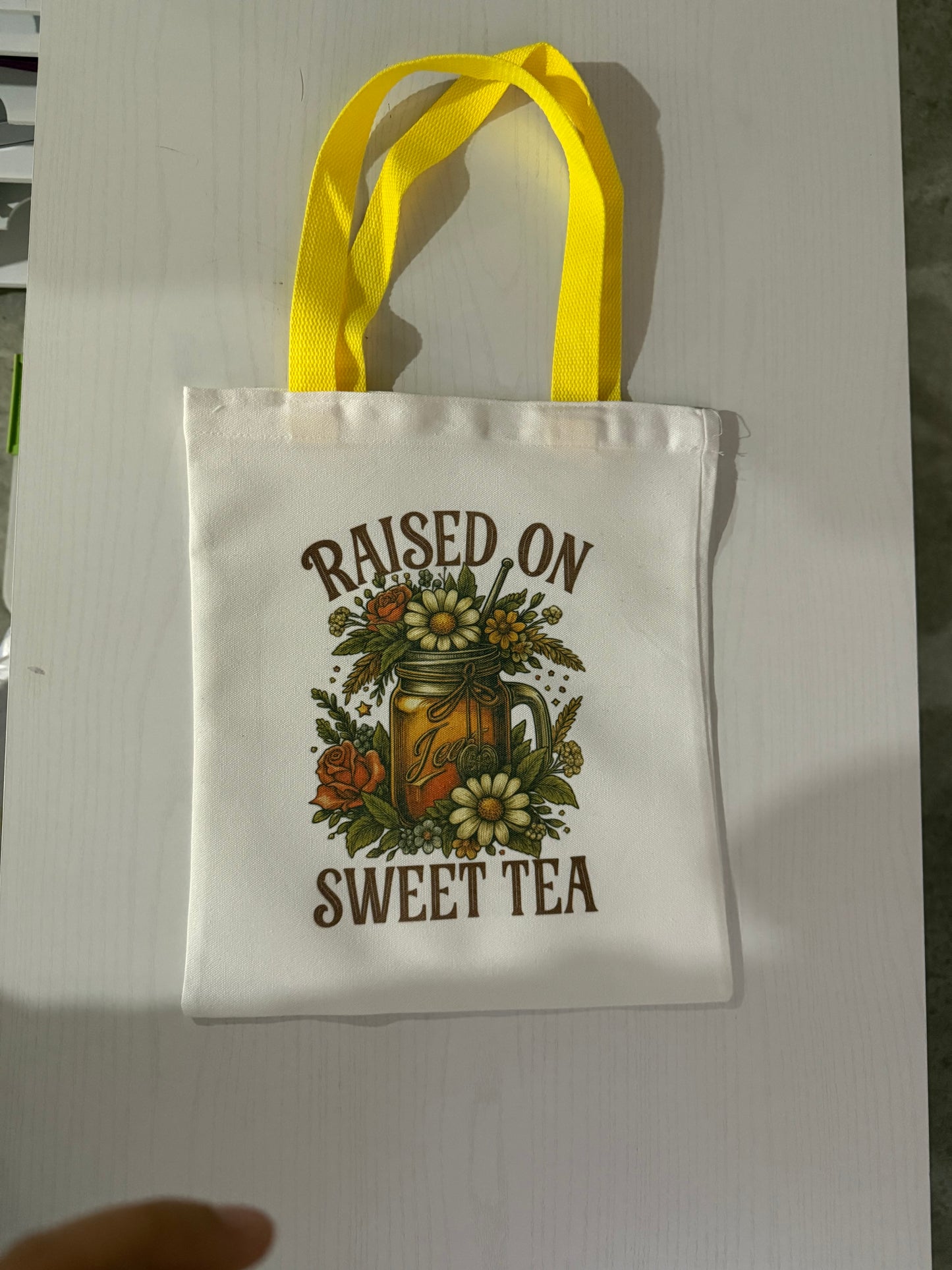 Raised on Sweet Tea Canvas tote yellow handle