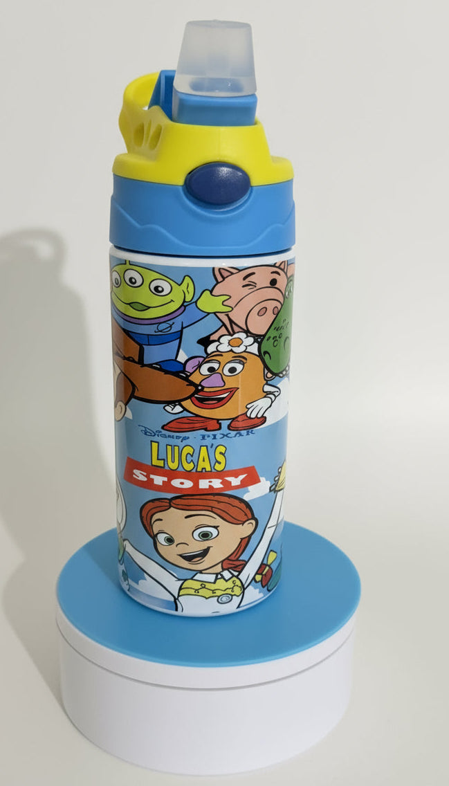 Children's 12 oz water bottle with cartoon characters on a colorful background with customized name option.